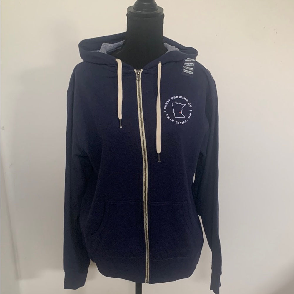 NWT Surly Brewing Co. Blue and Cream Zip-Up Hoodie with Ribbed Cuffs - Picture 2 of 5